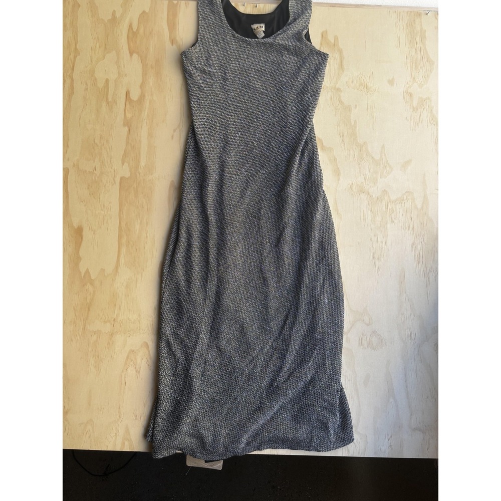 Vintage SAM Dress Womens Large Silver Metallic Sleeveless Scoop Neck Sheath Midi